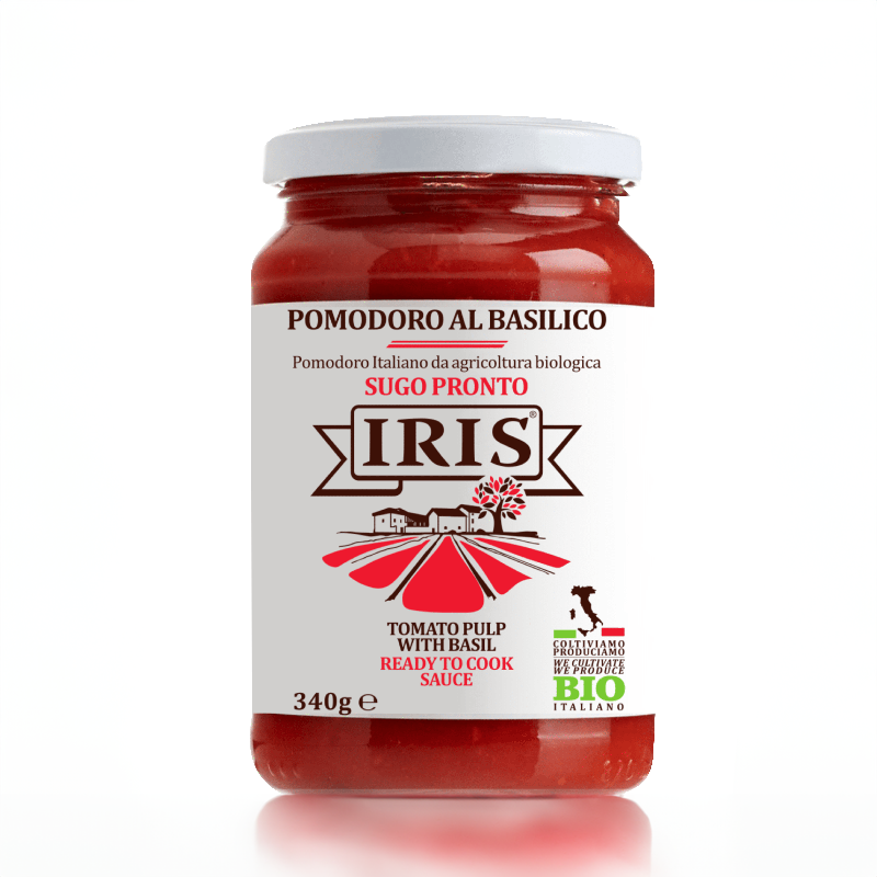 IRIS Bio tomato pulp with sprig of fresh basil